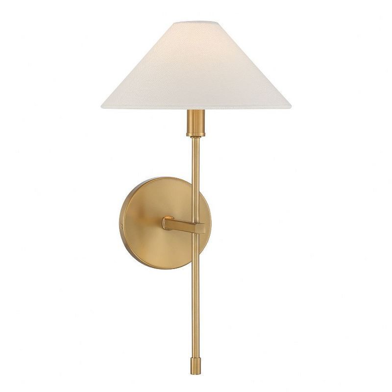 Warm Brass Dimmable Sconce with White Linen Shade