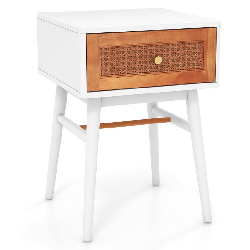 White and Brown Pine Wood Mid-Century Modern Nightstand with Rattan Drawer