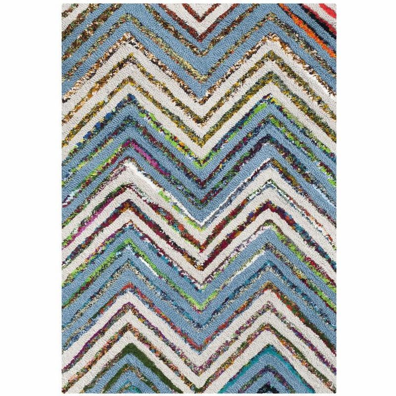 Beige and Blue Hand-Tufted Wool Chevron Area Rug