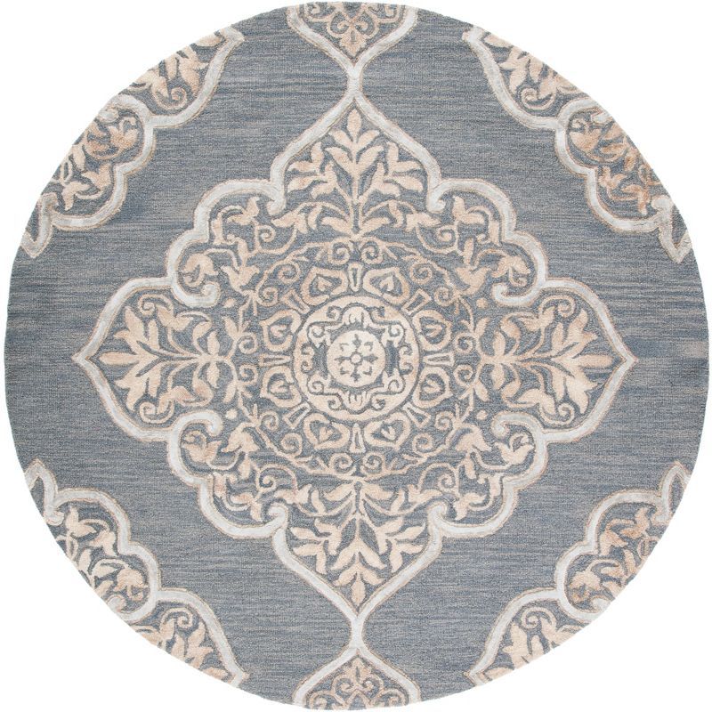 Handmade Blue Floral Wool Round Tufted Rug