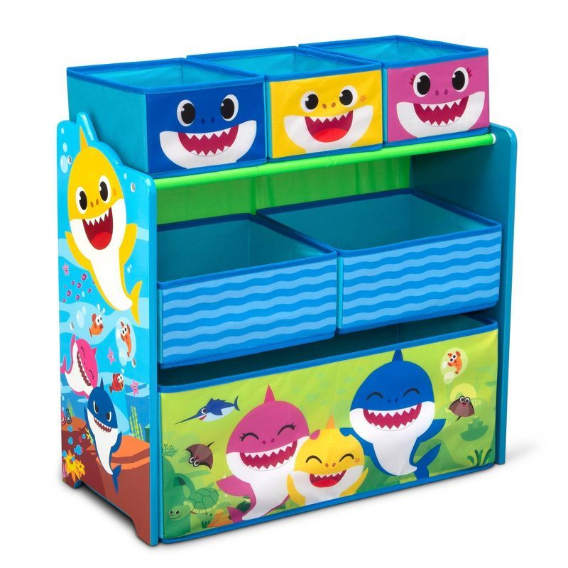 Baby Shark Blue and Yellow Wooden Toy Organizer with 6 Bins