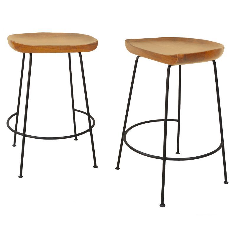 Natural Mango Wood and Black Metal Saddle Counter Stools, 24.5" Set of 2