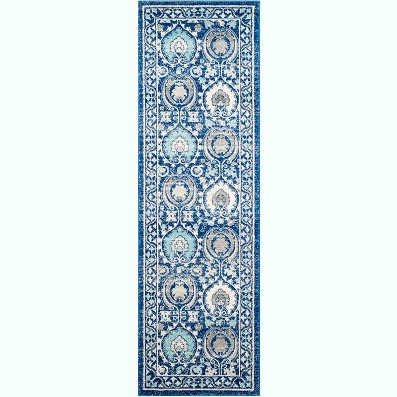 Blue and Ivory High Pile Synthetic Runner Rug