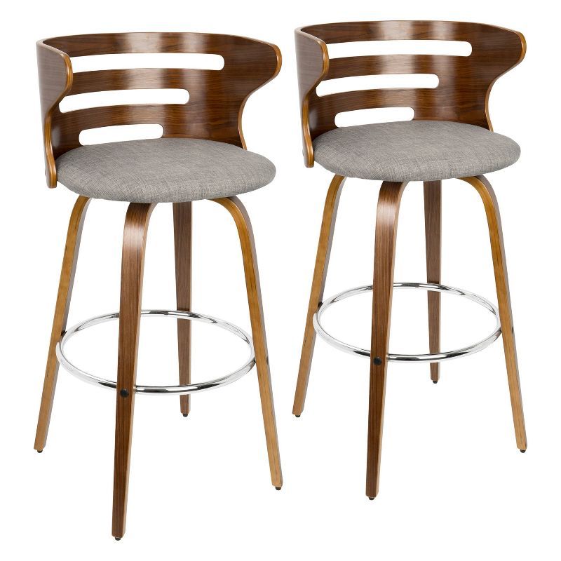 Cosini Walnut Wood and Gray Swivel Barstools with Chrome Footrest, Set of 2