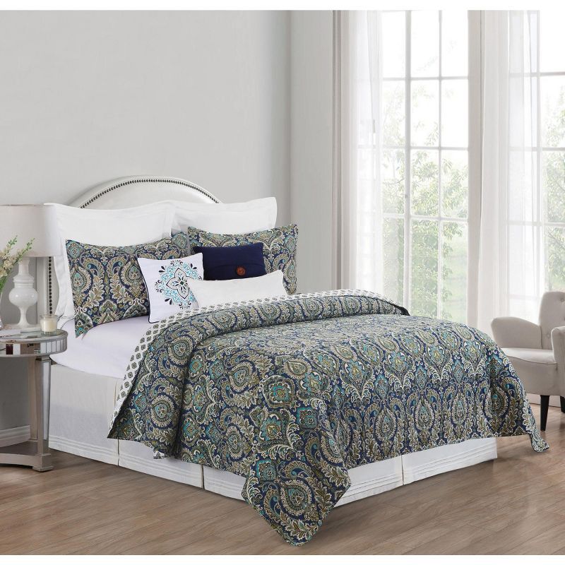 Kingstown Blue Cotton Reversible Quilt Set