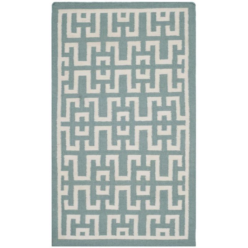 Seafoam and Ivory Geometric Wool Flatweave Rug, 3' x 5'