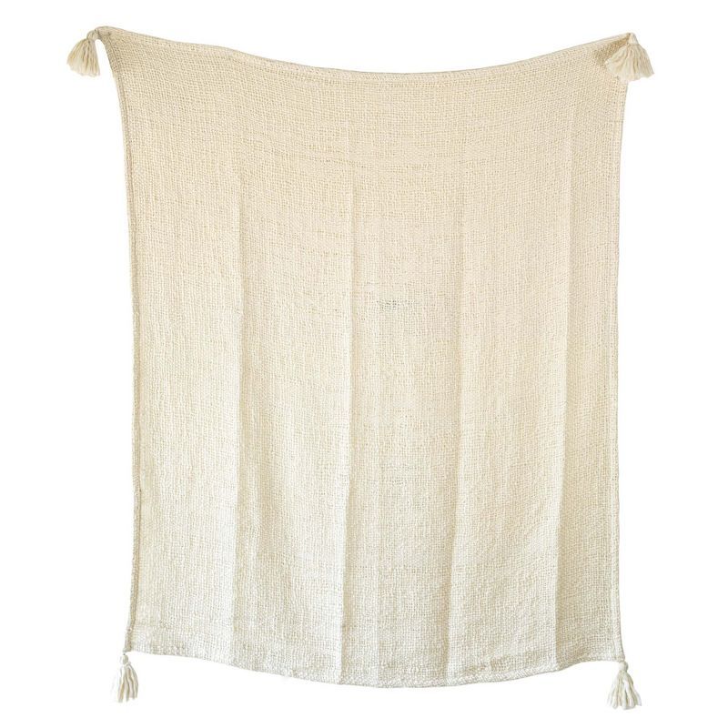 Handwoven Cream Polyester Throw Blanket with Tassels