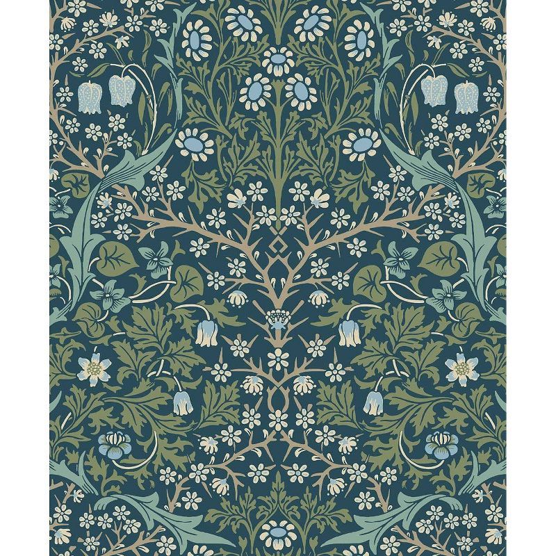 Prussian Blue and Moss Green Damask Peel and Stick Wallpaper
