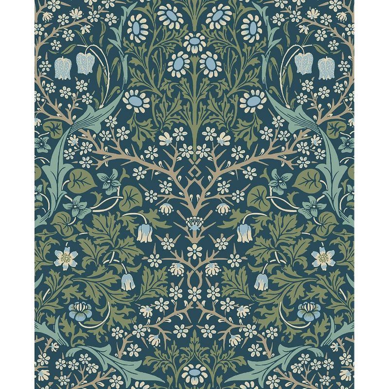 Prussian Blue and Moss Green Damask Peel and Stick Wallpaper