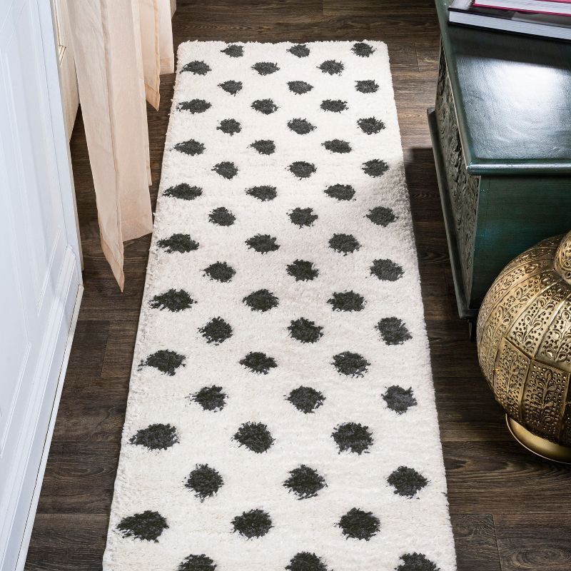 Mid-Century Ivory and Black Polka Dot Shag Rug 2'x10'