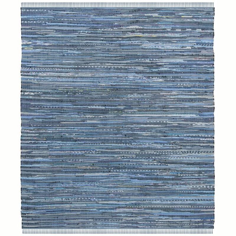 Handmade Blue Cotton Stripe Flat Woven Square Rug