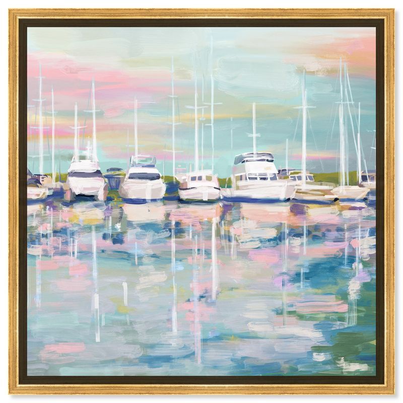 Coastal Dock Sailing Canvas Wall Art with Gold Frame, 21" x 21"