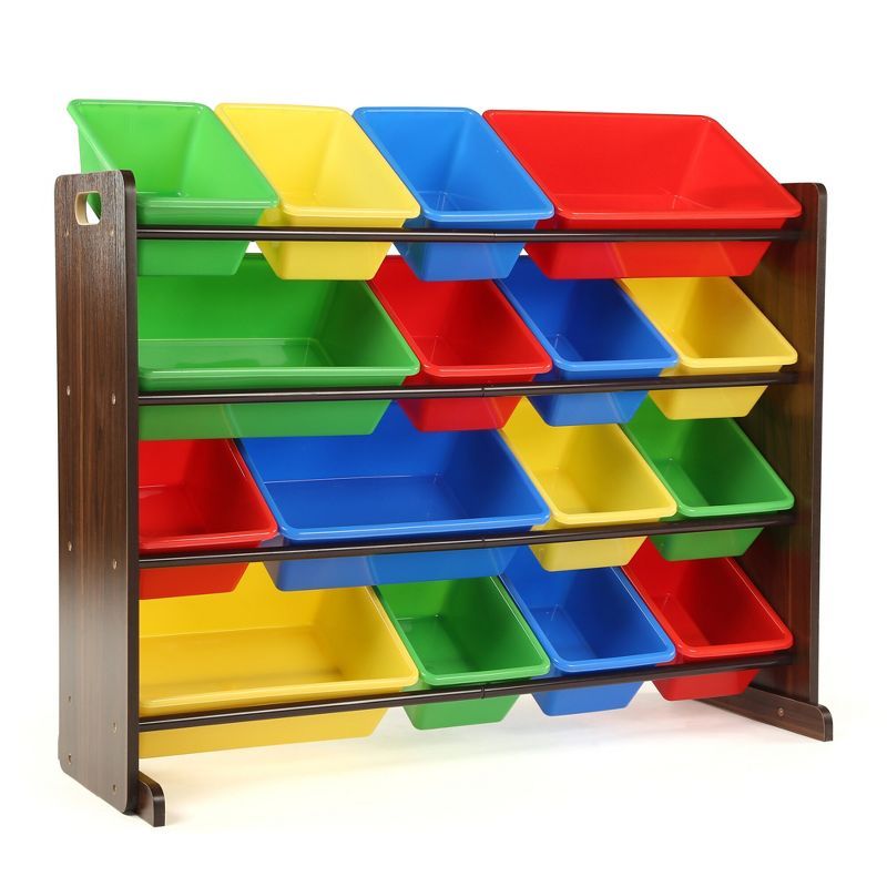 Walnut and Primary Colors Kids' Toy Storage Organizer with 16 Bins