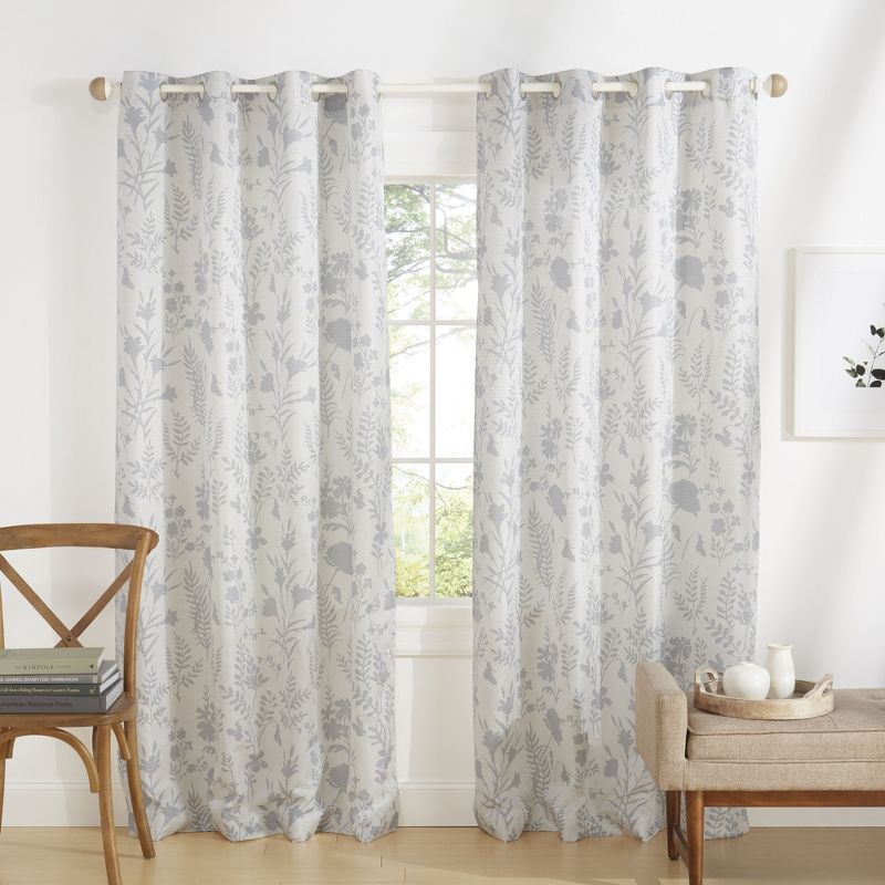 Gray and White Floral Light Filtering Grommet Curtain Panels