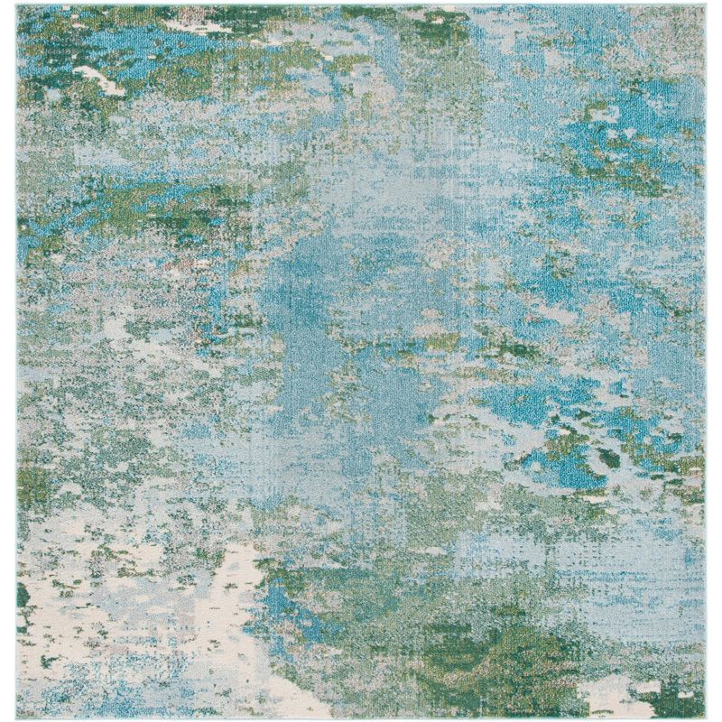 Light Blue and Green Synthetic 8' x 8' Square Abstract Area Rug