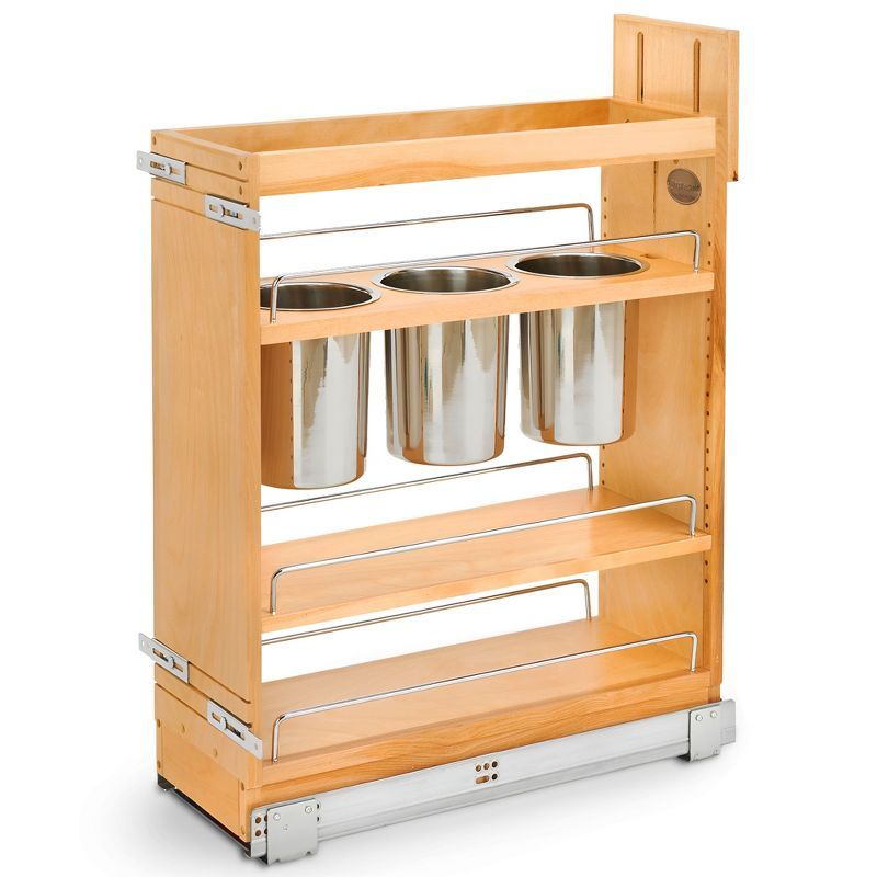 Natural Maple 8.75" Pull-Out Kitchen Cabinet Organizer with Stainless Steel Bins