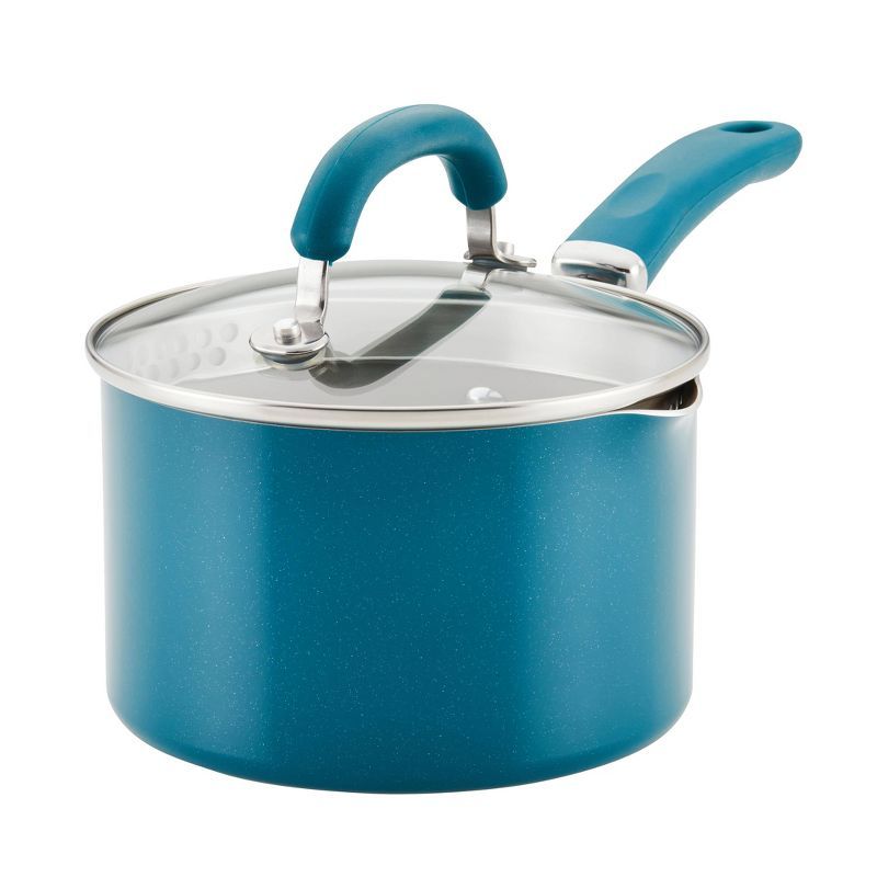 Teal 2-Quart Aluminum Nonstick Straining Saucepan with Glass Lid