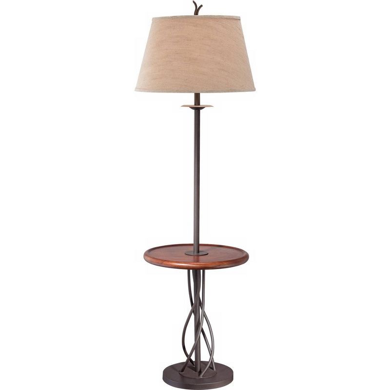 Rustic Walnut & Iron Floor Lamp with Linen Shade and Tray Table