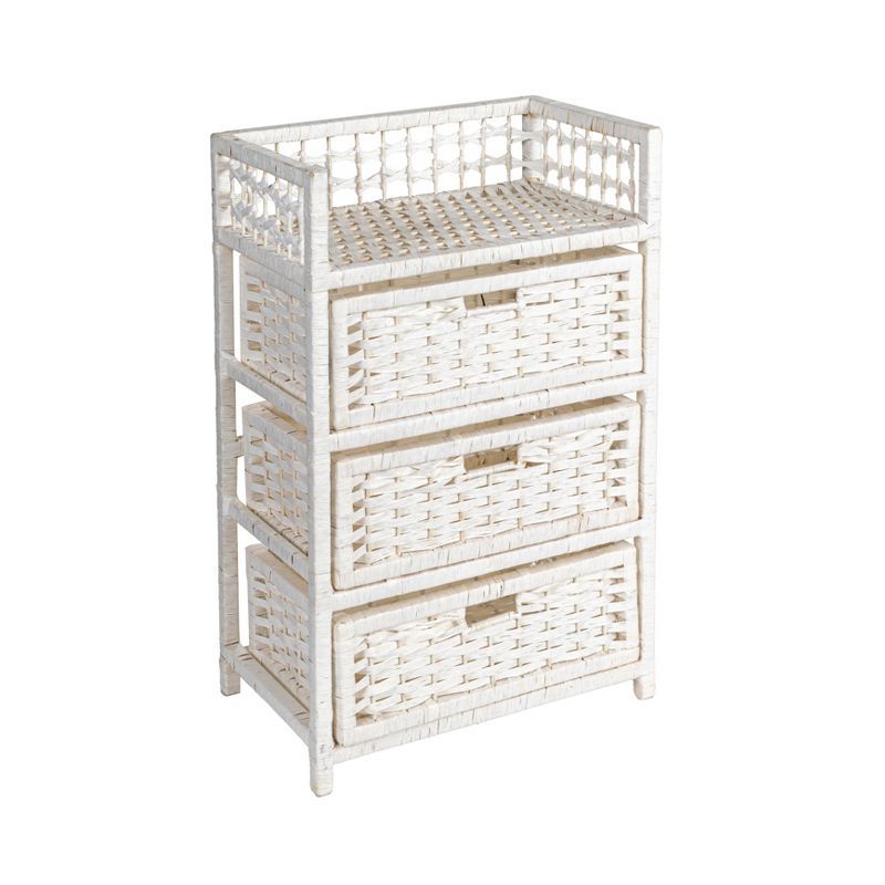 White Woven Paper Rope 3-Drawer Storage Chest with Top Shelf