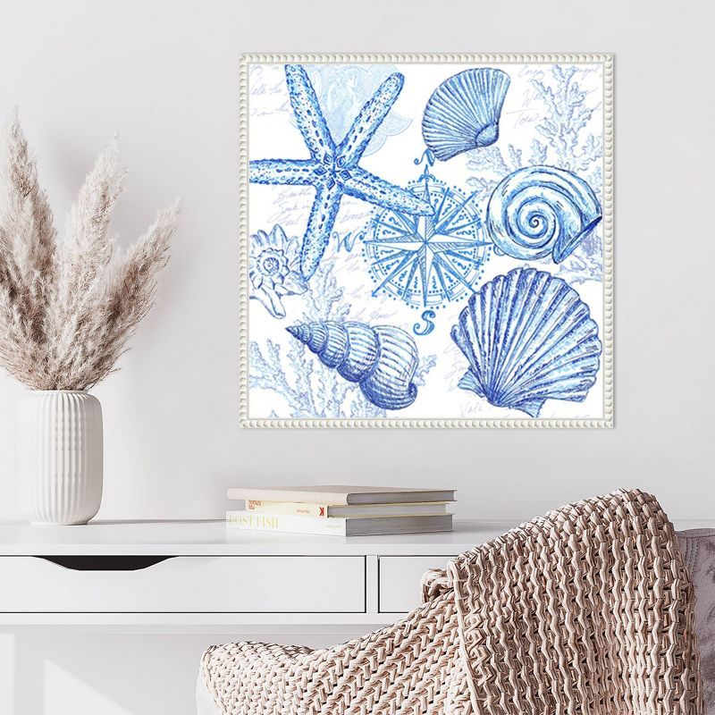 Blue Coastal Shells and Starfish Canvas Print with White Frame