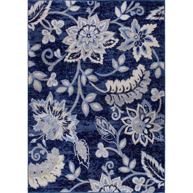 Navy Blue and Grey Floral Synthetic Area Rug, 3'3" x 5'2"