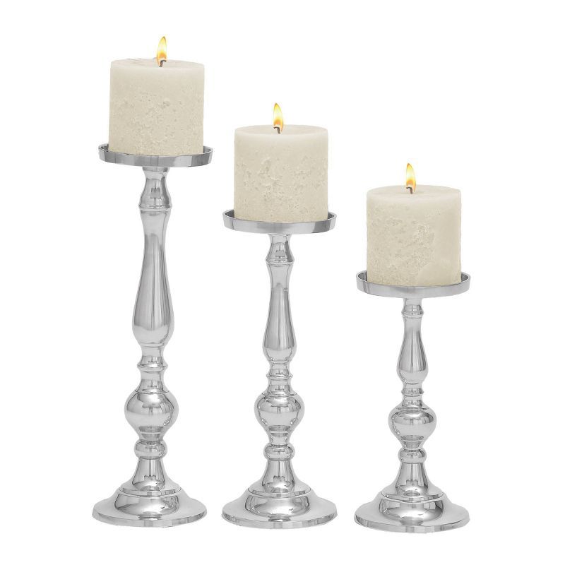 Elegant Trio Silver Aluminum Pillar Candle Holders - 16", 13", 10" Heights