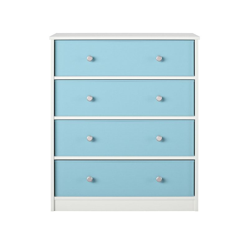 White and Light Blue Tall Nursery Dresser with Fabric Bins