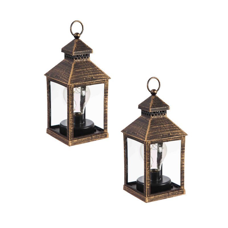 8.5" Black and Brushed Gold Battery Operated Lantern Set