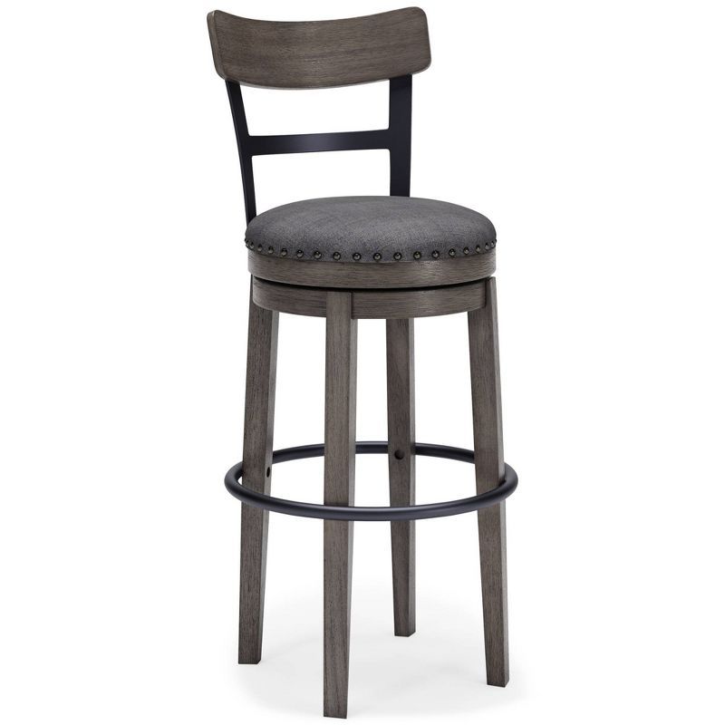 Antiqued Gray Wash Swivel Barstool with Cushioned Seat and Nailhead Trim