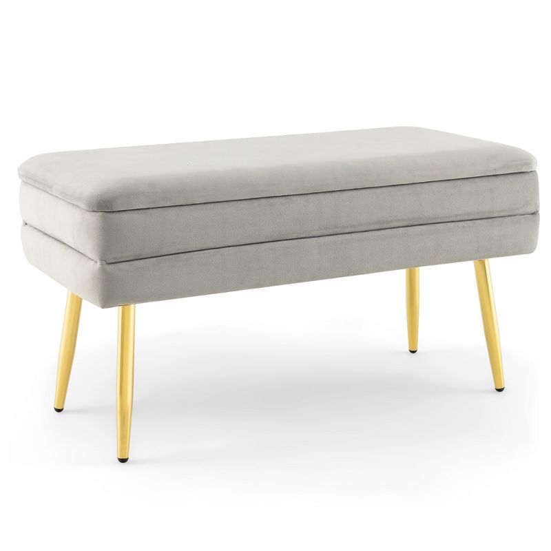 Grey Velvet Upholstered Storage Bench with Gold Metal Legs