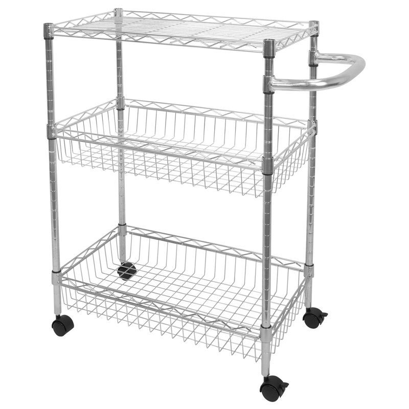 Silver 3-Tier Steel Rolling Utility Cart with Lockable Wheels