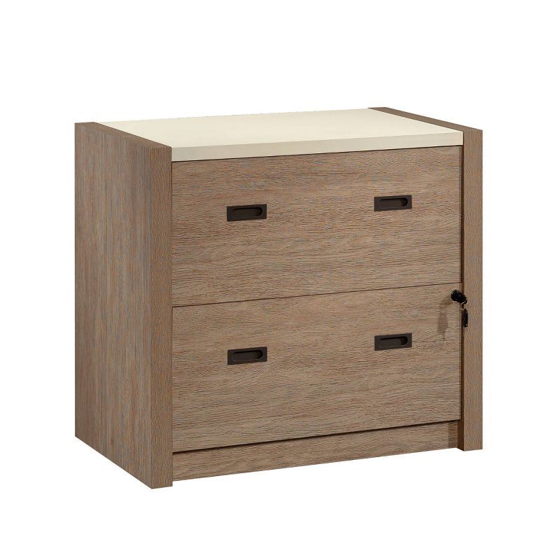 Brushed Oak 2-Drawer Lockable Lateral File Cabinet with Pebble White Accent