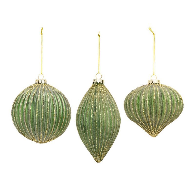 Green and Gold Ribbed Glass Ornament Set of 6