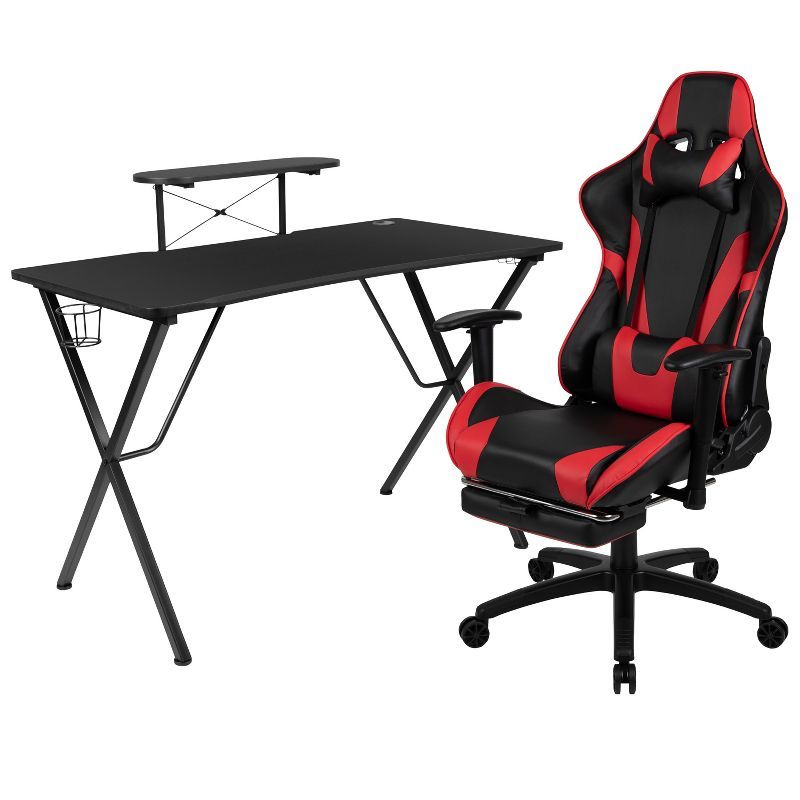 Ergonomic Black and Red Gaming Desk & Chair Set with Comfort Features