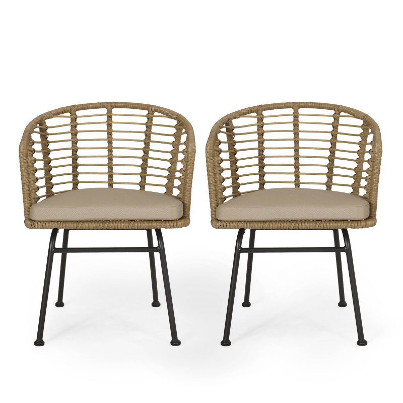 Randy Light Brown Wicker Dining Chairs with Beige Cushions