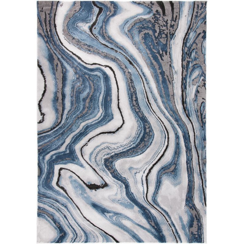 Blue & Grey Abstract Synthetic 4' x 6' Hand-Knotted Rug