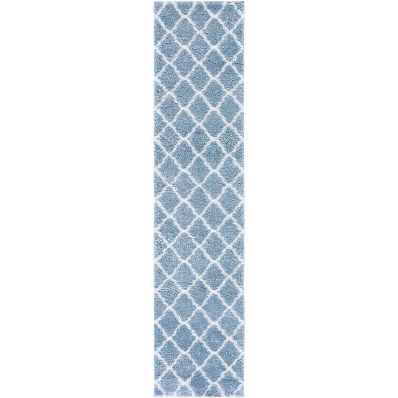 Blue and White Synthetic Shag Runner Rug 2 x 9 ft