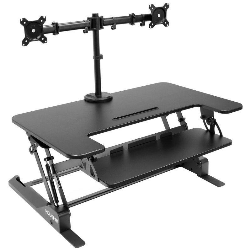 Black Adjustable Standing Desk Converter with Dual Monitor Mount