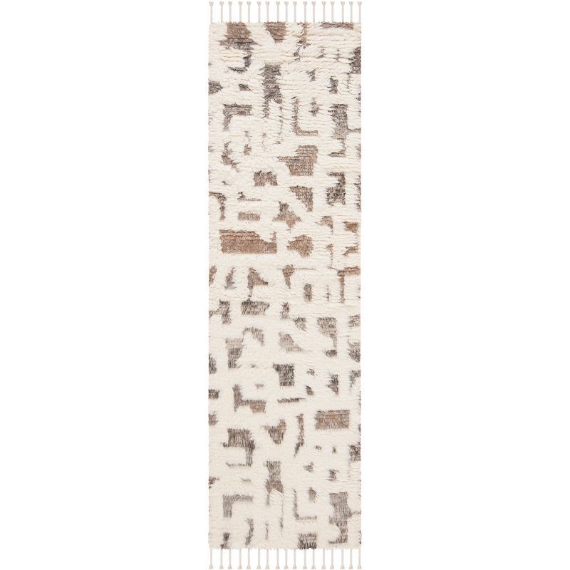 Ivory and Grey Hand-Knotted Wool Shag Runner Rug