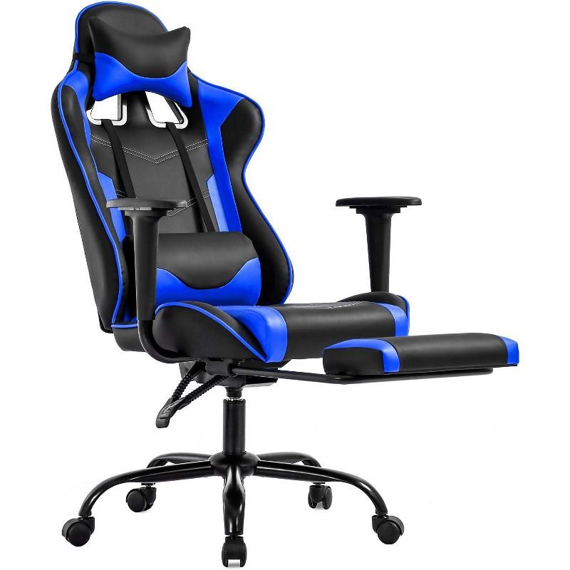 Ergonomic Black and Blue Faux Leather Gaming Chair with Footrest