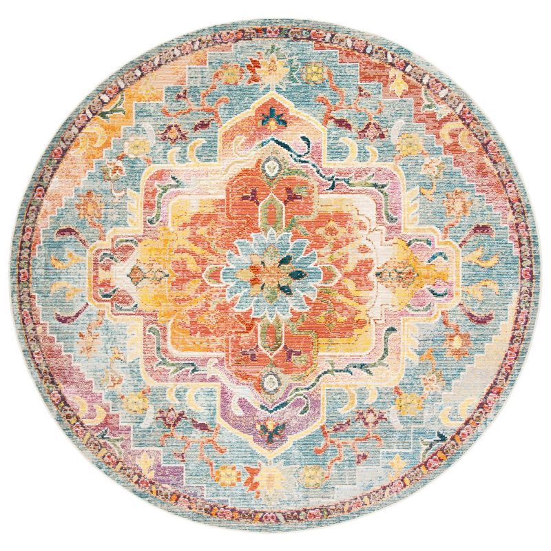 Hand-Knotted Orange & Teal Floral Synthetic 7' Round Area Rug