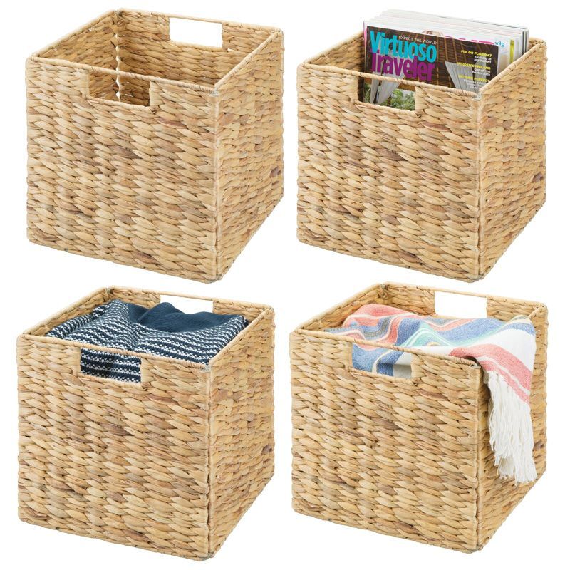 Natural Wicker Cube Storage Bins with Handles, Set of 4