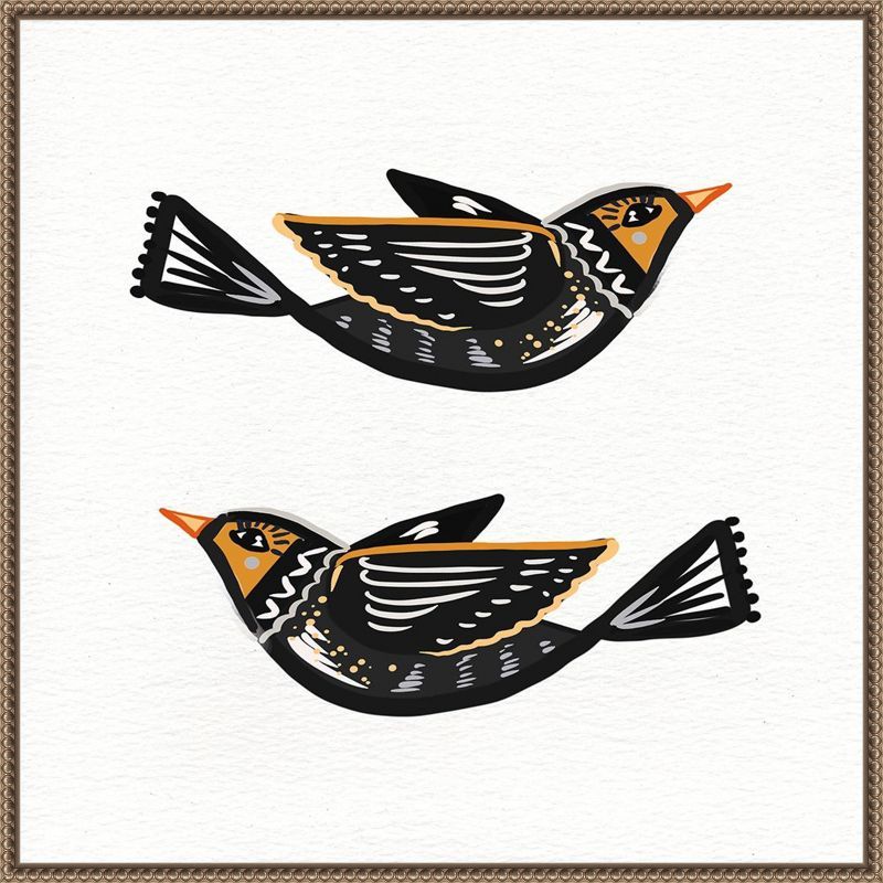 Nordic Folk Birds Abstract Canvas Wall Art with Beaded Frame