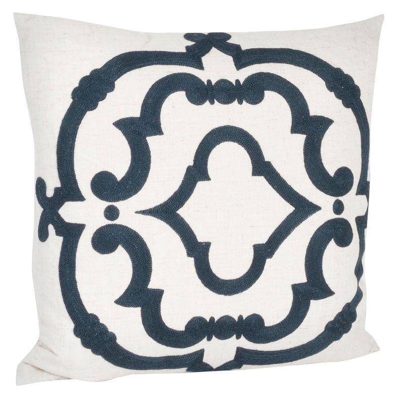 Navy Blue Embroidered Cotton Square Throw Pillow