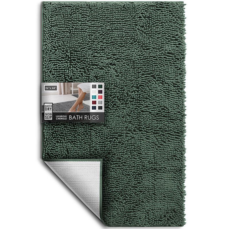 Hunter Green Chenille Bath Rug with Non-Slip Backing, 26x44