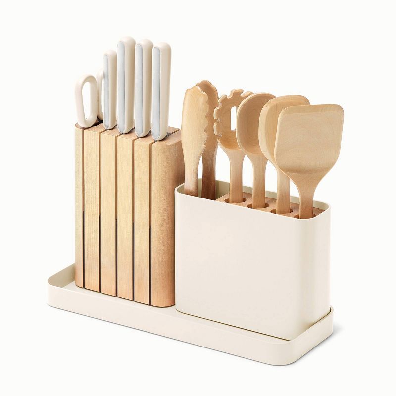 Cream 14-Piece German Steel Knife and Birch Utensil Set