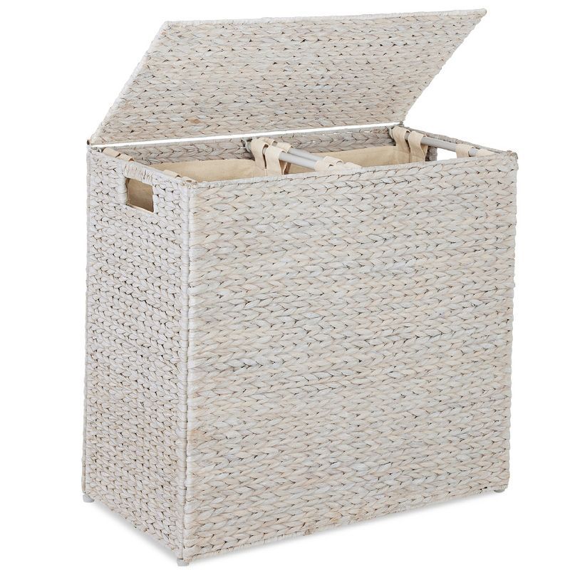 Large White Water Hyacinth Double Laundry Hamper with Lid