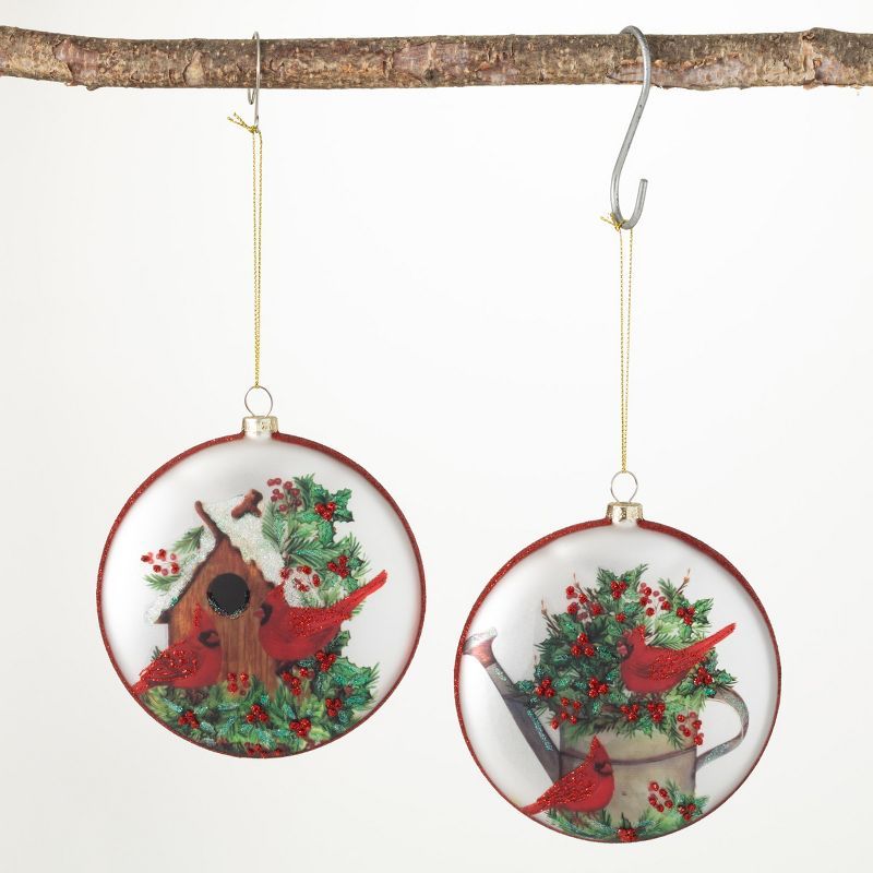 Hand-Painted Glass Cardinal Disc Ornaments Set