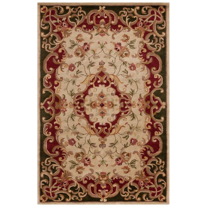 Ivory and Green Hand-Tufted Wool Area Rug 5' x 8'