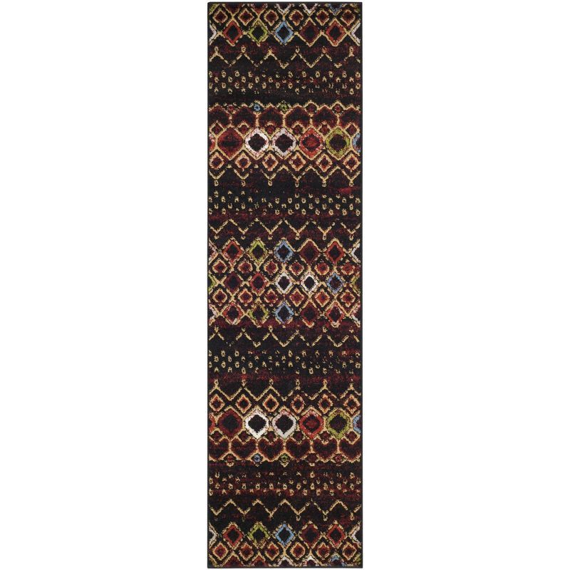 Black and Multicolor Geometric Synthetic Runner Rug, 2'3" x 10'